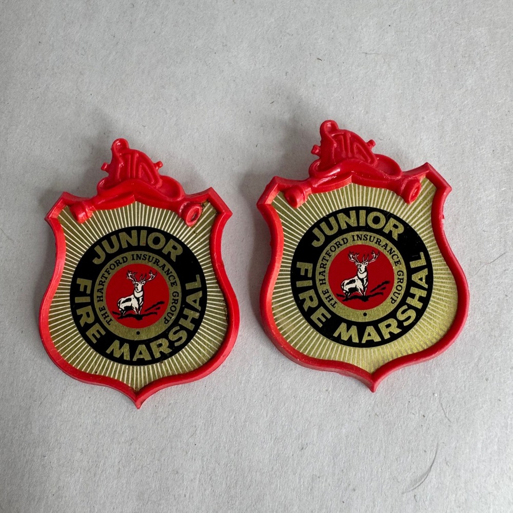 Vintage Junior Fire Marshal Hartford Insurance Plastic Badges 1964 1965 Set of 2